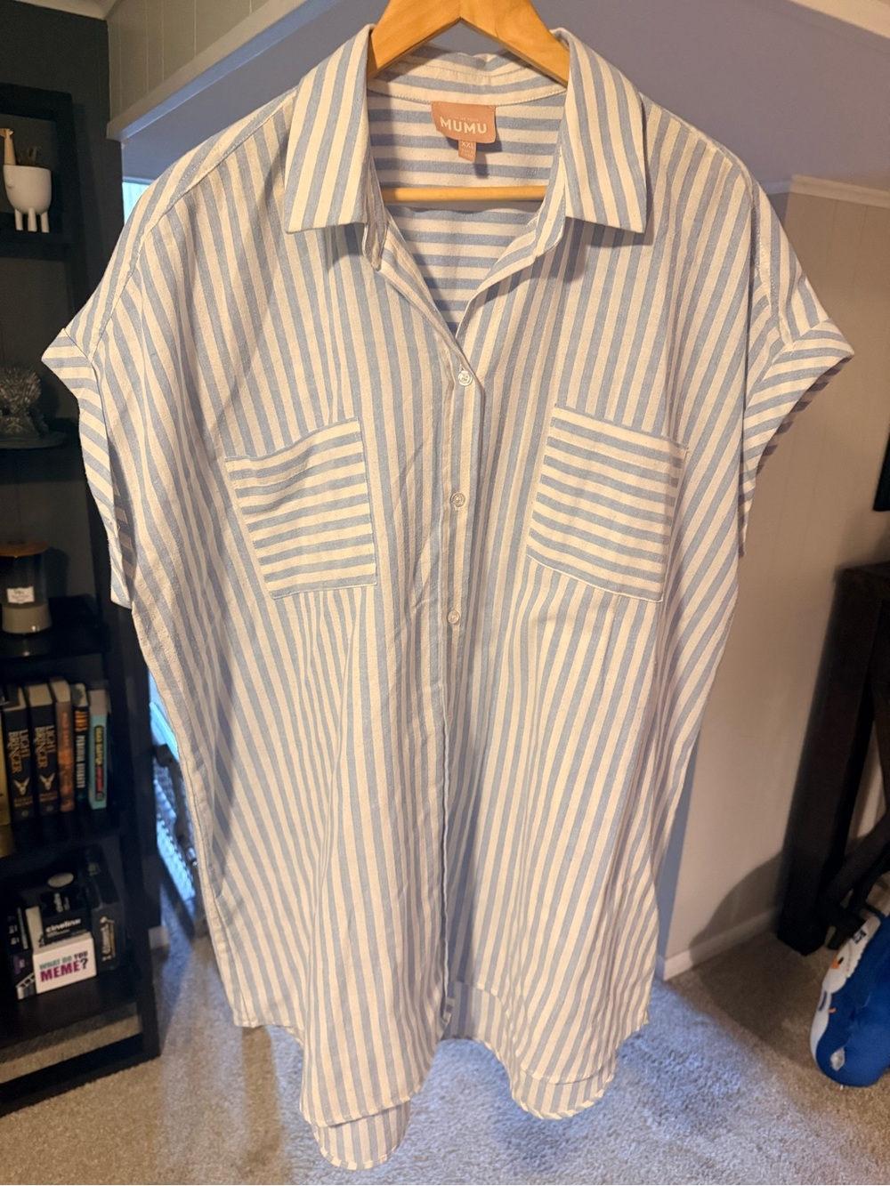 Blue and White Striped Short Sleeve Button-Up Shirt dress